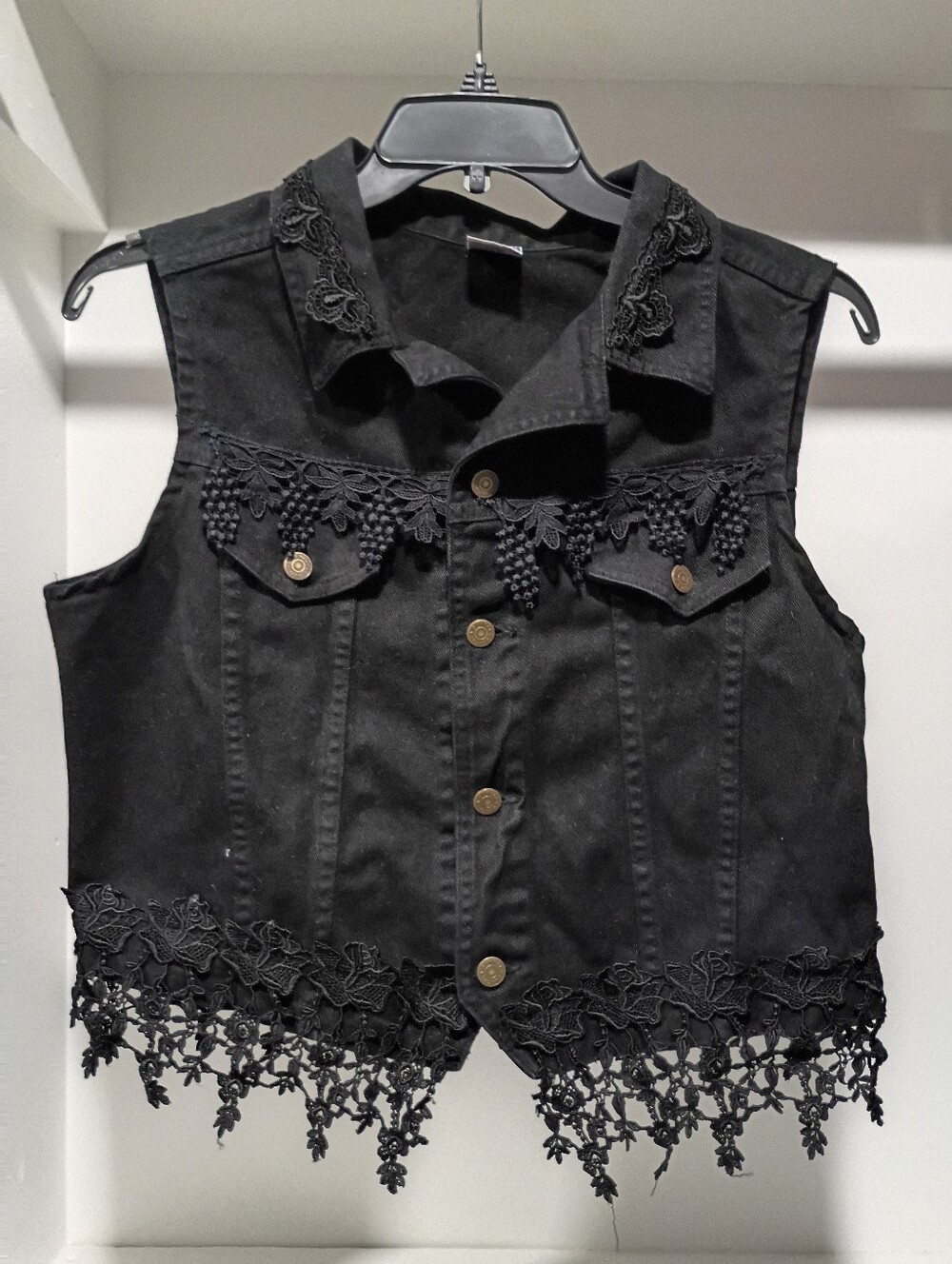 Vintage 100% Cotton Black Denim And Lace Cropped Vest